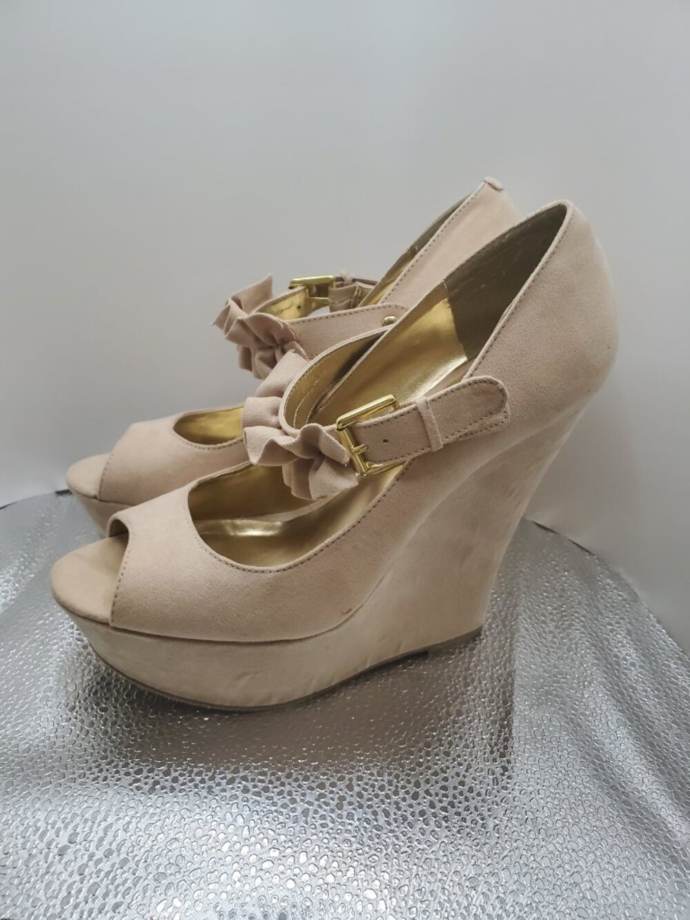 Blush Pink Suede Platform Wedge Heels with Ruffle Strap - Size 7.5